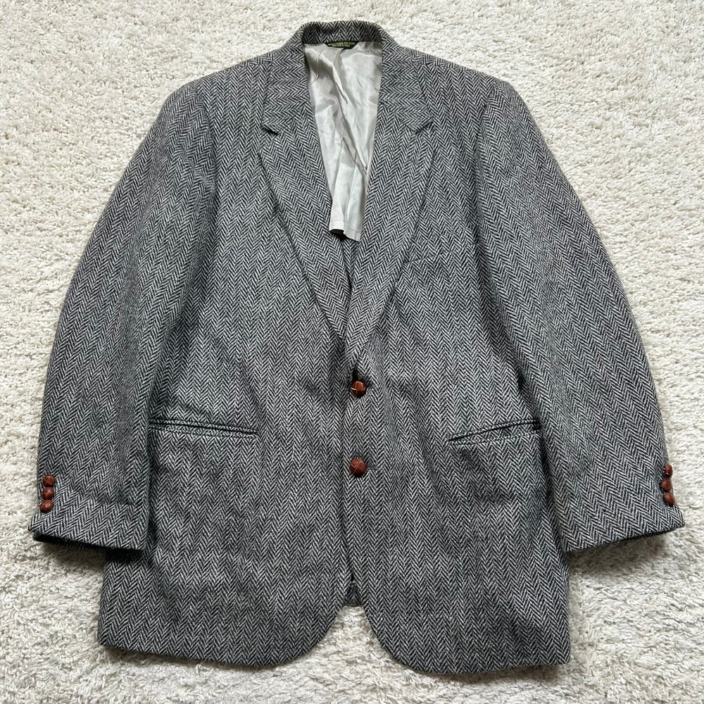 Harris Tweed Sport Coat Blazer 44 Grey Herringbone Wool Two Button Vintage